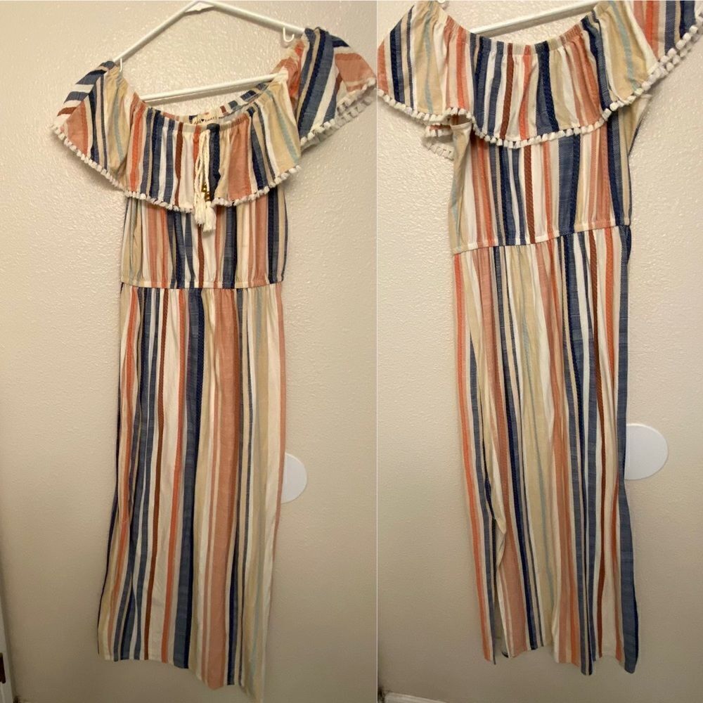 Derek Heart Maxi Striped Slit Side Stripe stretchy off the shoulder ruffle dress
